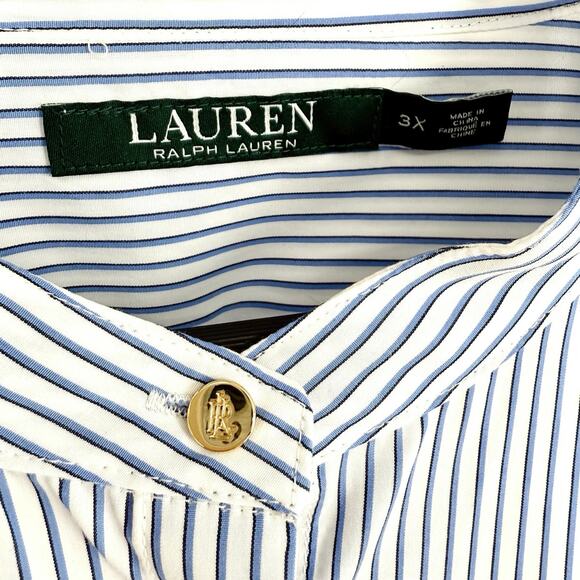 Ralph Lauren Womens Plus Size 3X Blue White Gold Button Ruffle Blouse Shirt Top - Picture 2 of 6